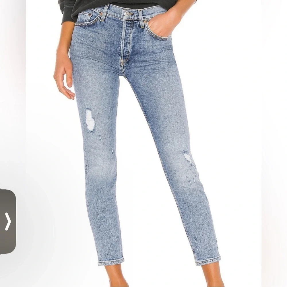 Re/Done Hi Rise Ankle Crop Stretch Distressed Straight Jeans Size 27 90s Wash